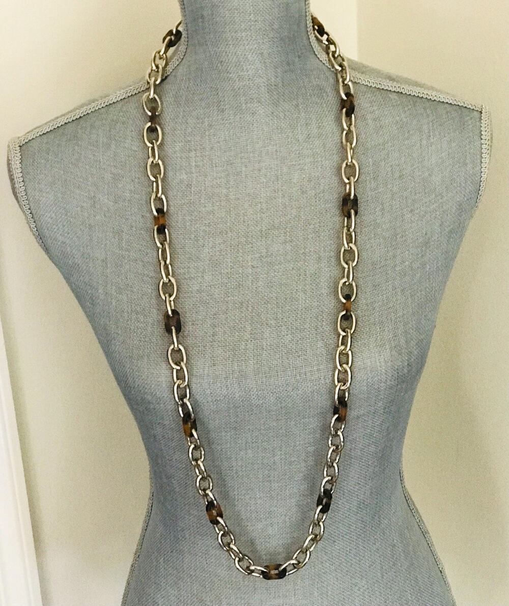 Kate Spade Long Tortoise- Gold Tone Necklace: Faux Tortoise Link Chain & Lock.